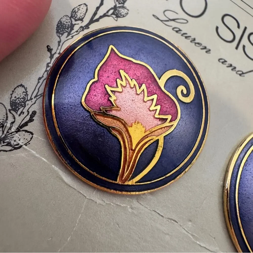 Vintage Two Sisters Purple Lily Flower Cloisonné Earrings Pierced Estate Jewelry